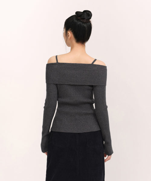 MUSINSA STANDARD WOMAN MUSINSA STANDARD WOMAN Cardigan Ribbed Off-Shoulder Charcoal Gray