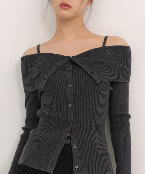 MUSINSA STANDARD WOMAN MUSINSA STANDARD WOMAN Cardigan Ribbed Off-Shoulder Charcoal Gray