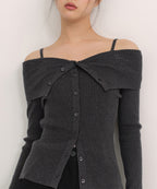 MUSINSA STANDARD WOMAN MUSINSA STANDARD WOMAN Cardigan Ribbed Off-Shoulder Charcoal Gray