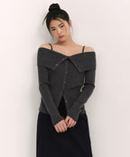 MUSINSA STANDARD WOMAN MUSINSA STANDARD WOMAN Cardigan Ribbed Off-Shoulder Charcoal Gray