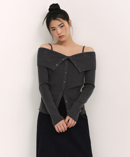 MUSINSA STANDARD WOMAN MUSINSA STANDARD WOMAN Cardigan Ribbed Off-Shoulder Charcoal Gray
