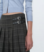 MUSINSA STANDARD WOMAN MUSINSA STANDARD WOMAN Women's Buckle Pleated Check Knee Length Skirt [Gray]