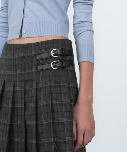 MUSINSA STANDARD WOMAN MUSINSA STANDARD WOMAN Women's Buckle Pleated Check Knee Length Skirt [Gray]