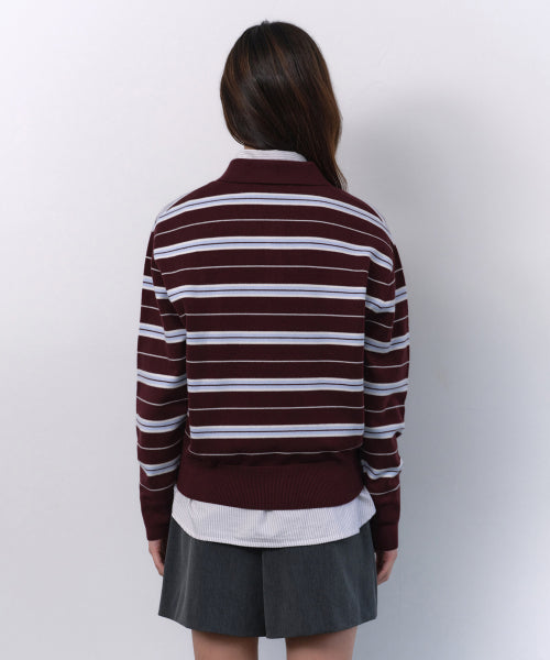MUSINSA STANDARD WOMAN MUSINSA STANDARD WOMAN Women's Multi-Stripe Collared Knit [Burgundy] Size