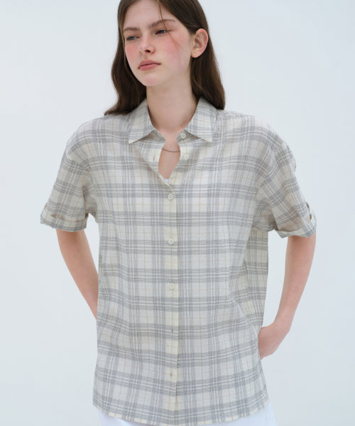 MUSINSA STANDARD WOMAN MUSINSA STANDARD WOMAN Women's Oversized Crinkle Check Short Sleeve Shirt (Ivory)
