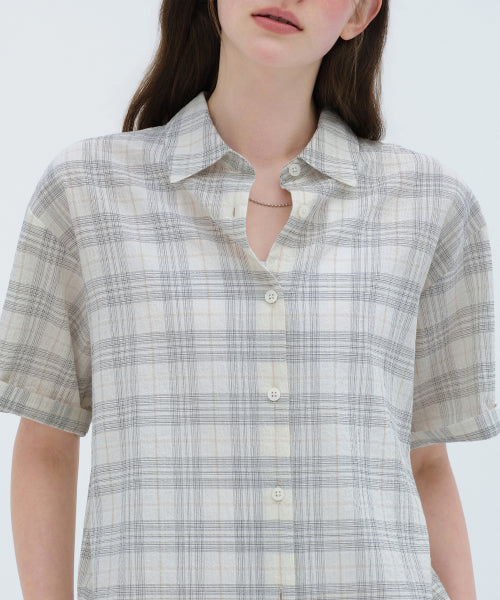 MUSINSA STANDARD WOMAN MUSINSA STANDARD WOMAN Women's Oversized Crinkle Check Short Sleeve Shirt (Ivory)