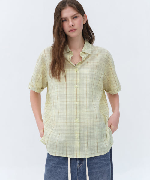 MUSINSA STANDARD WOMAN MUSINSA STANDARD WOMAN Women's Oversized Crinkle Check Short Sleeve Shirt [Lemon]