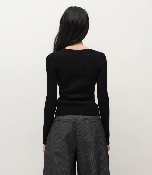 MUSINSA STANDARD WOMAN MUSINSA STANDARD WOMAN Women's Ribbed Slim Henley Neck Knit [Black]
