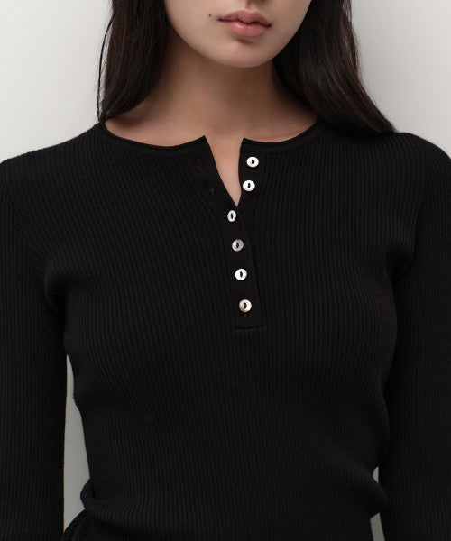 MUSINSA STANDARD WOMAN MUSINSA STANDARD WOMAN Women's Ribbed Slim Henley Neck Knit [Black]