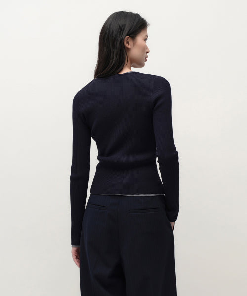 MUSINSA STANDARD WOMAN MUSINSA STANDARD WOMAN Women's Ribbed Slim Henley Neck Knit [Navy]
