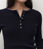 MUSINSA STANDARD WOMAN MUSINSA STANDARD WOMAN Women's Ribbed Slim Henley Neck Knit [Navy]