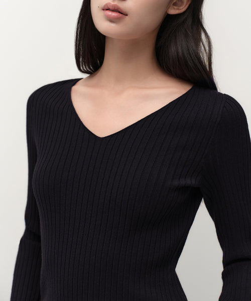 MUSINSA STANDARD WOMAN MUSINSA STANDARD WOMAN Women's Wide Ribbed Slim V Neck Knit [Black]