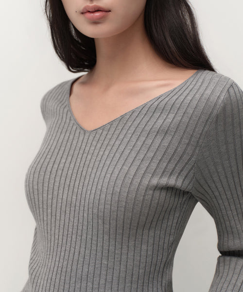 MUSINSA STANDARD WOMAN MUSINSA STANDARD WOMAN Women's Wide Ribbed Slim V Neck Knit [Medium Gray]