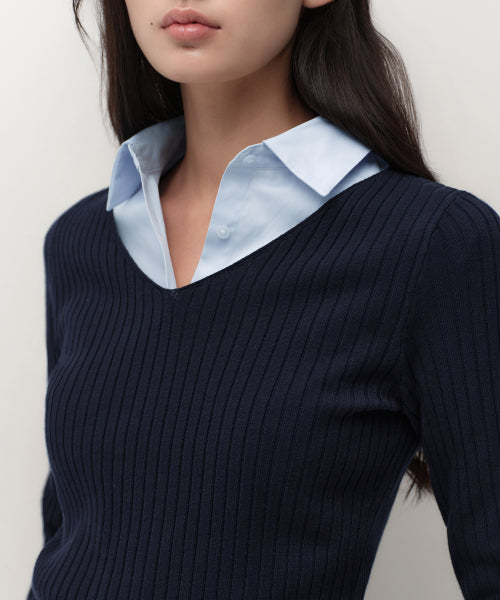 MUSINSA STANDARD WOMAN MUSINSA STANDARD WOMAN Women's Wide Ribbed Slim V Neck Knit [Navy]
