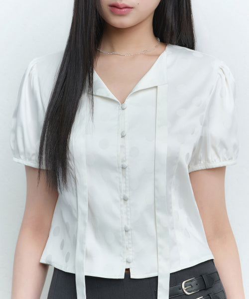 MUSINSA STANDARD WOMAN MUSINSA STANDARD WOMAN Women's Dot Puff Sleeve Tie Blouse (Ivory)