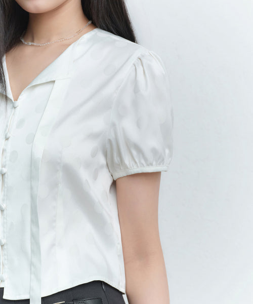 MUSINSA STANDARD WOMAN MUSINSA STANDARD WOMAN Women's Dot Puff Sleeve Tie Blouse (Ivory)