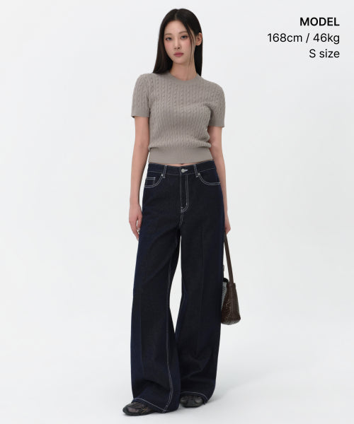MUSINSA STANDARD WOMAN MUSINSA STANDARD WOMAN Women's Cable Crew Neck Short Sleeve Knit Light Warm Gray