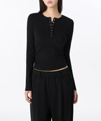 MUSINSA STANDARD WOMAN MUSINSA STANDARD WOMAN Women's Ribbed Slim Henley Neck Long Sleeve T-Shirt (Black)