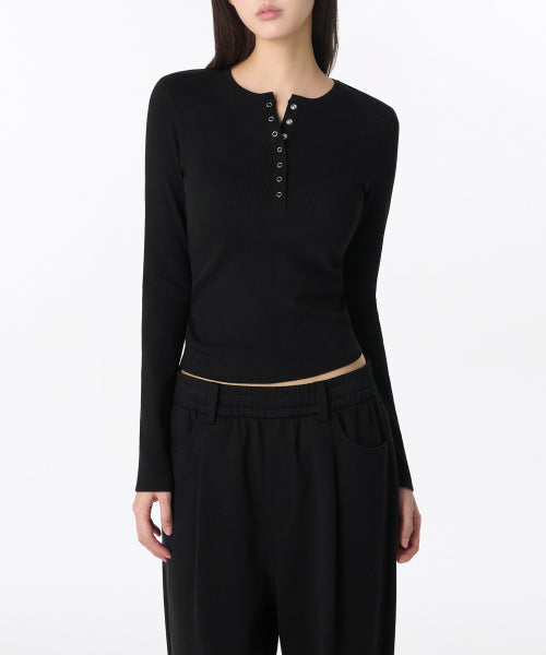 MUSINSA STANDARD WOMAN MUSINSA STANDARD WOMAN Women's Ribbed Slim Henley Neck Long Sleeve T-Shirt (Black)