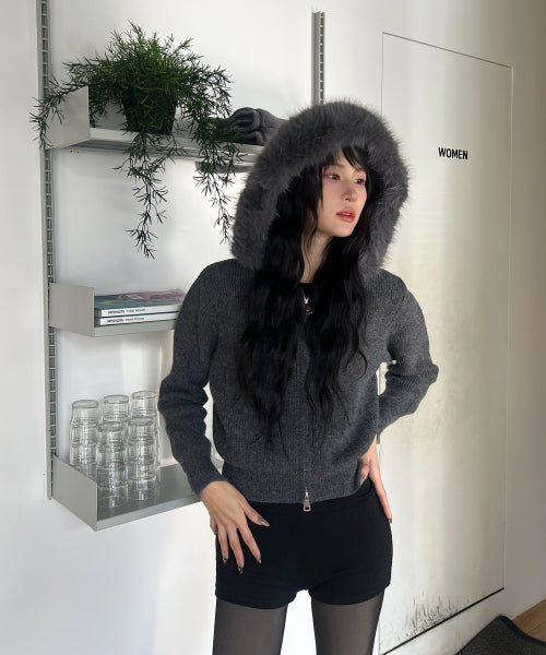 MIXXO MIXXO Hoodie Fur Hood Knit Zip-Up Cardigan