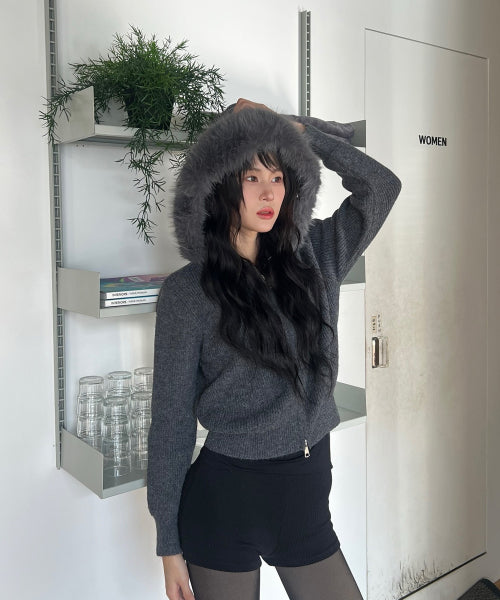 MIXXO MIXXO Hoodie Fur Hood Knit Zip-Up Cardigan