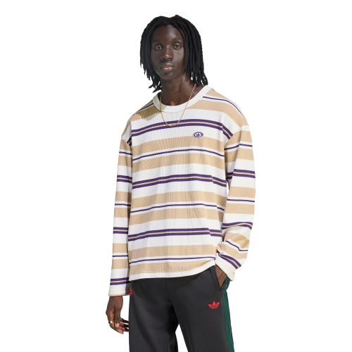 ADIDAS ADIDAS T-Shirt Long Sleeve Striped Waffle Tee - Beige:White