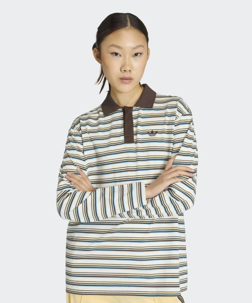 ADIDAS ADIDAS Striped Oversized Long Sleeve Polo T-Shirt - White