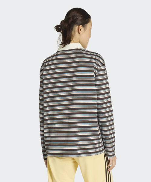 ADIDAS ADIDAS Striped Oversized Long Sleeve Polo T-Shirt - Aura Coffee
