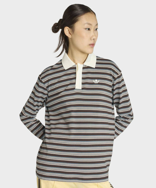ADIDAS ADIDAS Striped Oversized Long Sleeve Polo T-Shirt - Aura Coffee