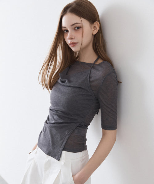 MIXXO MIXXO T-Shirt Cowl Neck Layered Short Sleeve