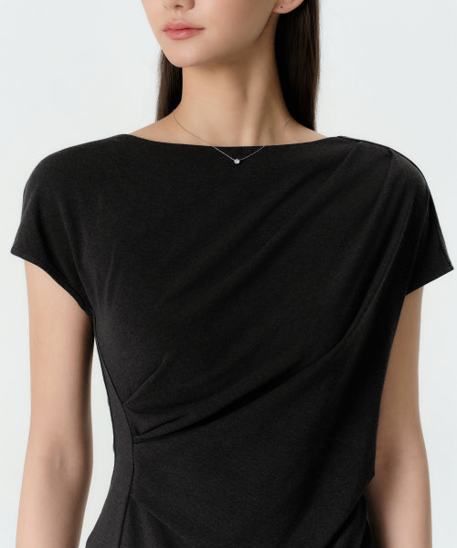MUSINSA STANDARD WOMAN MUSINSA STANDARD WOMAN Drape Boat Neck T-Shirt [Black]