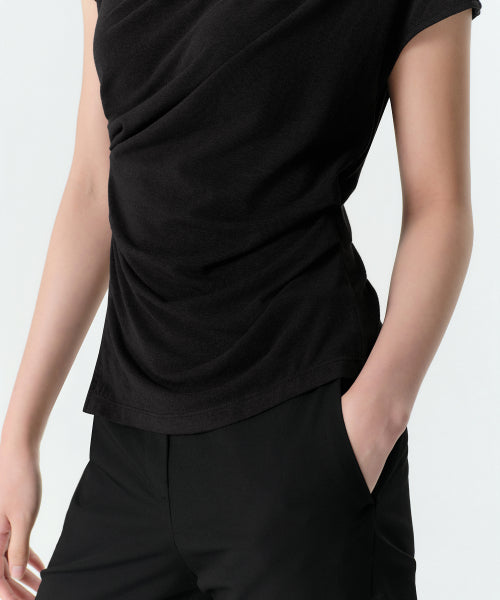 MUSINSA STANDARD WOMAN MUSINSA STANDARD WOMAN Drape Boat Neck T-Shirt [Black]