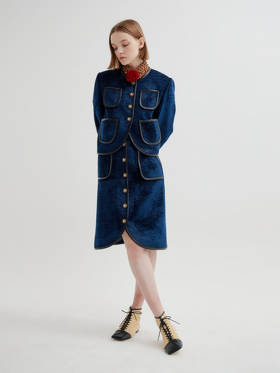 EENK EENK TWELVE Leather Trim Paneled Skirt - Navy