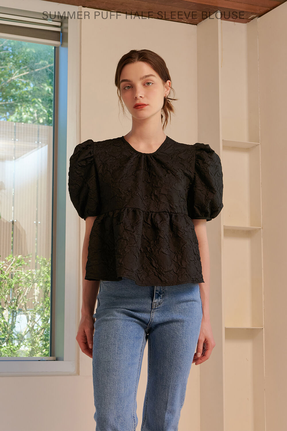 CAMINO Summer puff short sleeve blouse black
