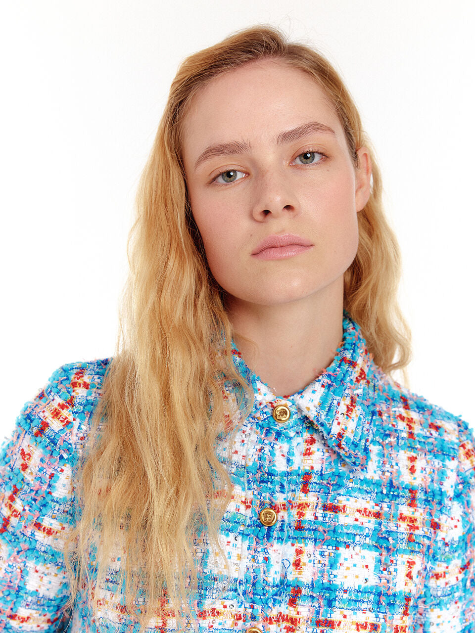 EENK URIAH Tweed Crop Shirt - Blue Multi