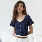 THE RYE U-Neck Button T-Shirt(Navy)