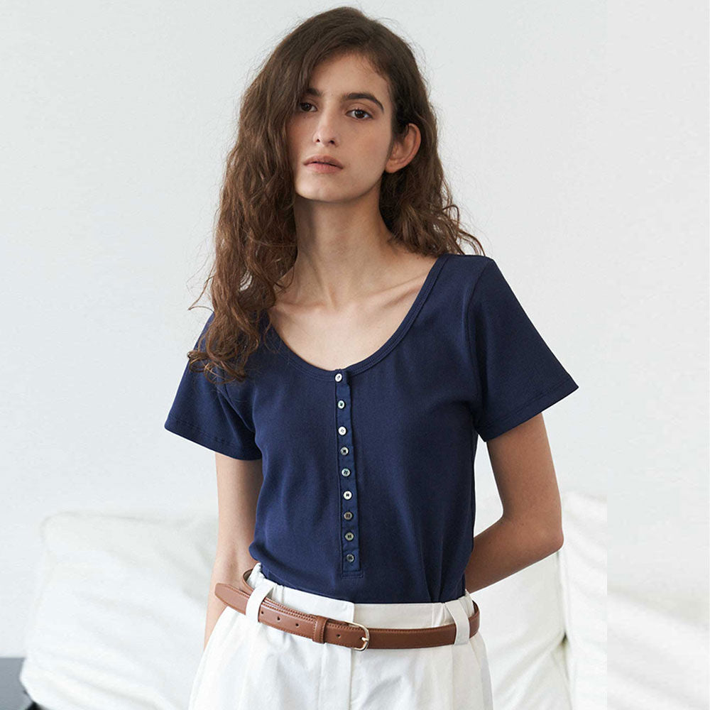 THE RYE U-Neck Button T-Shirt(Navy)