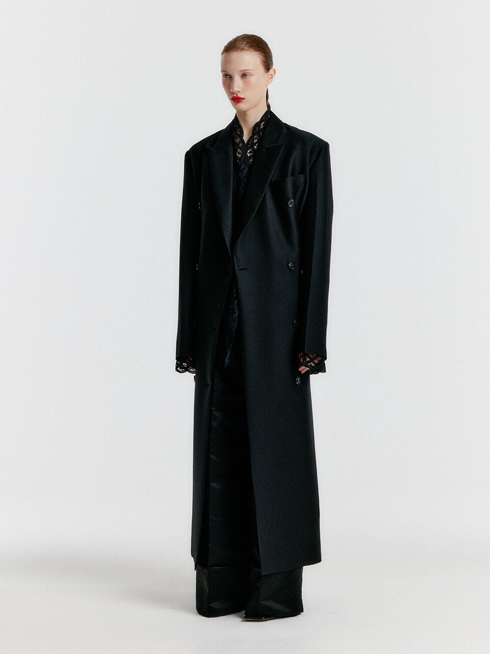EENK YALE Peaked lapel Tailored Long Coat - Black