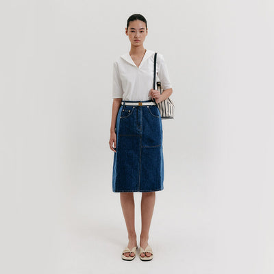 Mid-Length Denim Skirt - Blue