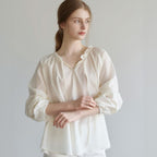 ATCORNER [Influencer wearing] Comfort frill neck shirring blouse ivory AT6BLA017IV