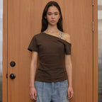 RHEME [3rd Reorder] Off Shoulder Basic T-Shirt - Brown