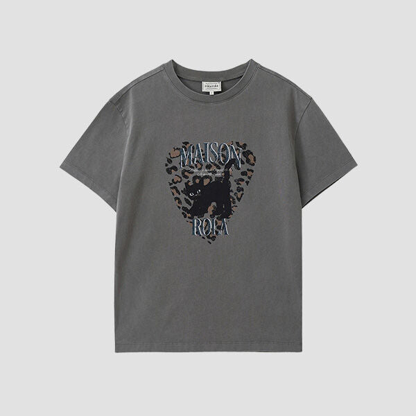rolarola LEOPARD HEART CAT PIGMENT T-SHIRT CHARCOAL