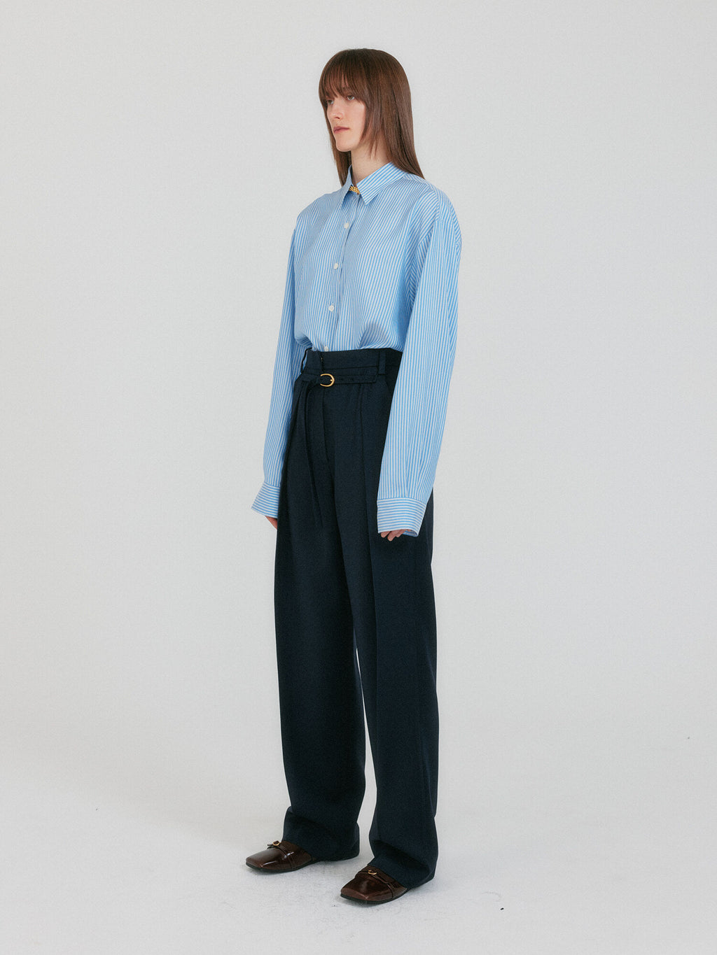 EENK ZANCY Oversized Shirt with Brooch - Sky Blue Stripe