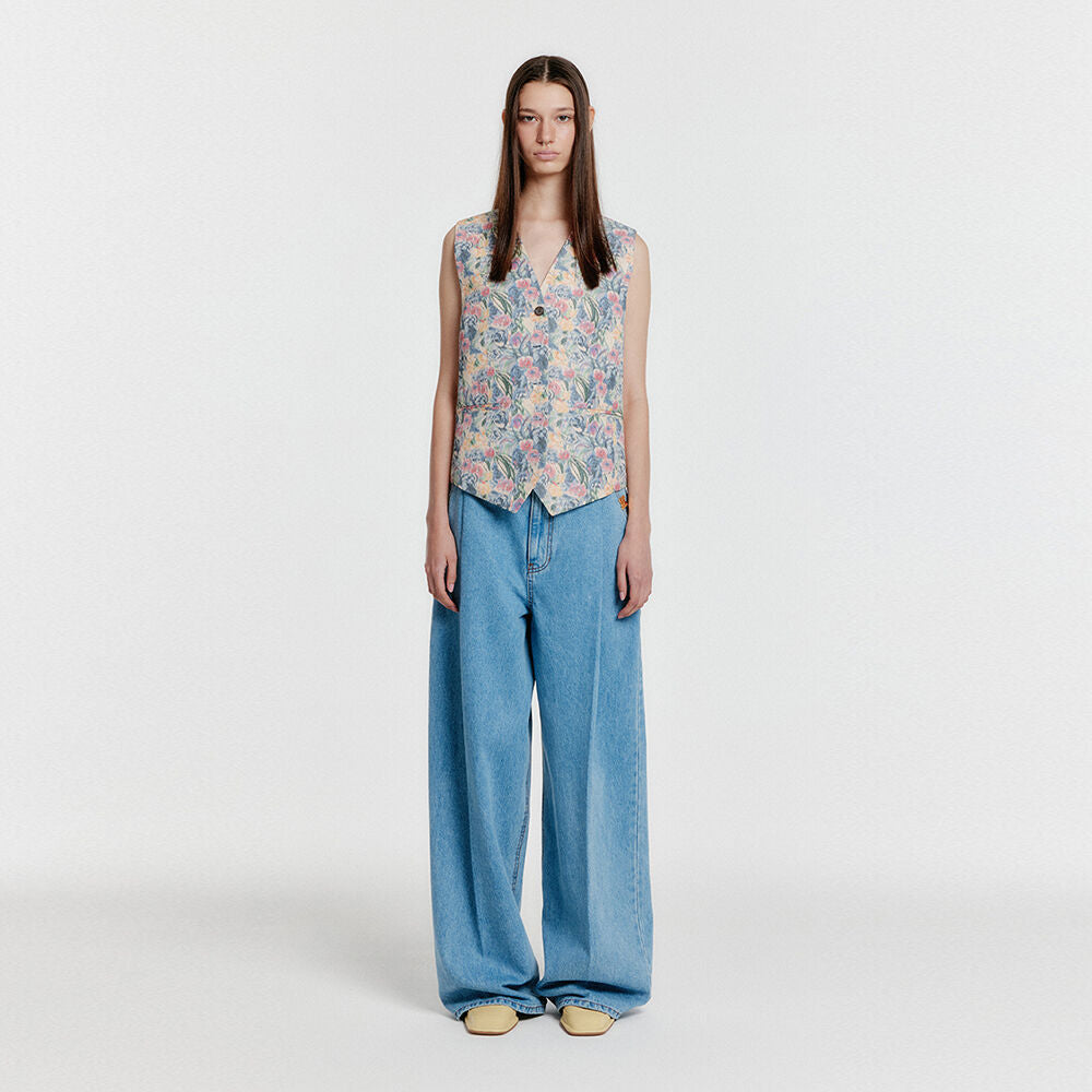EENK YJEAN Folded Front Wide Denim Pants - Blue