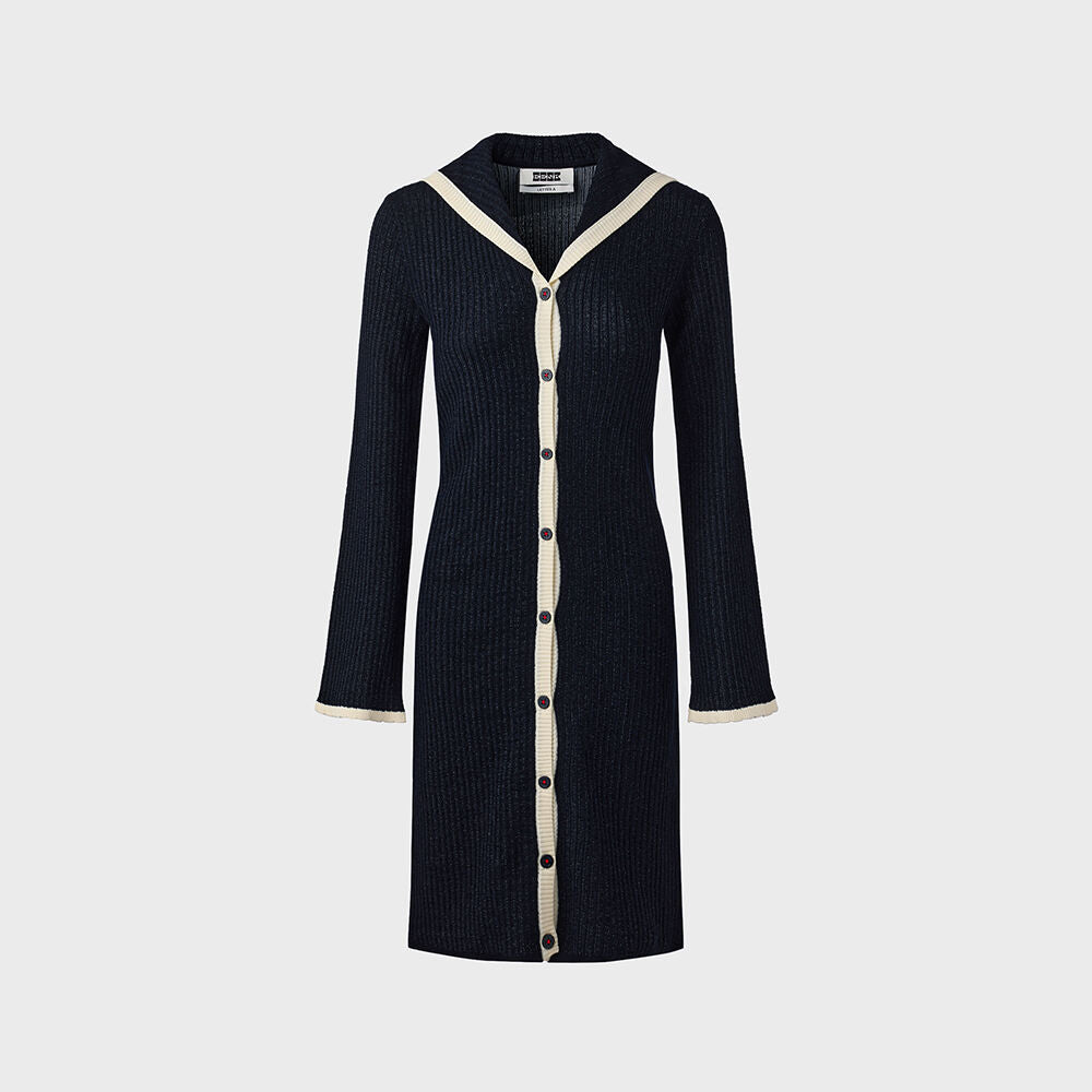 EENK Sailor Collar Long Knit Cardigan - Navy