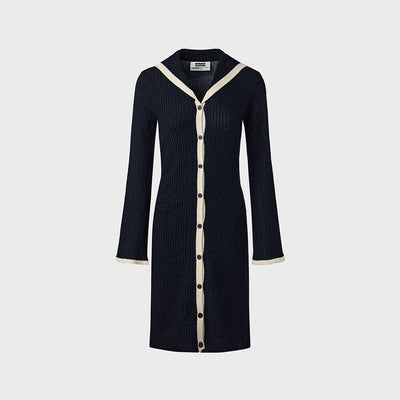 Sailor Collar Long Knit Cardigan - Navy
