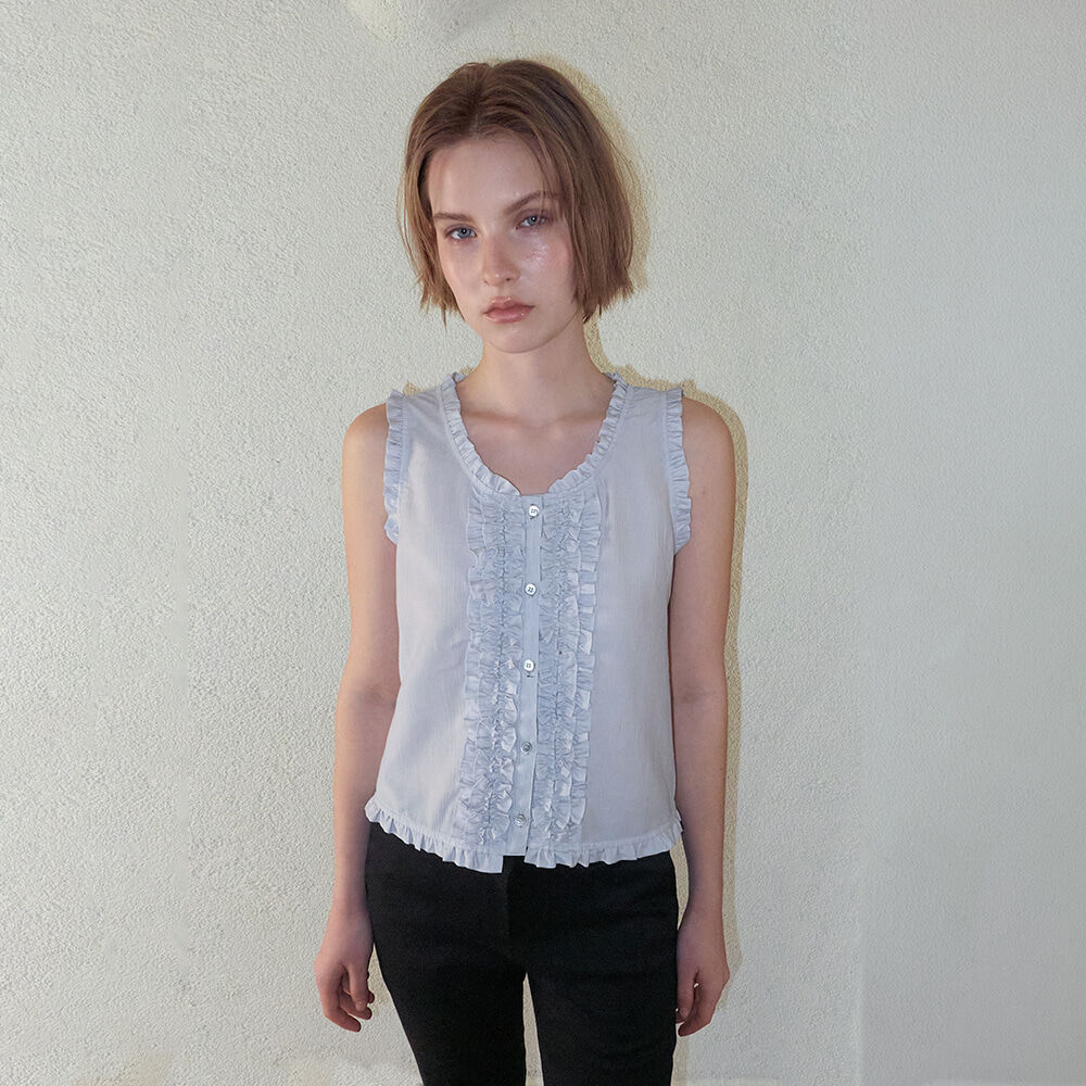 ETMON Double Frill Sleeveless Blouse, Blue Grey