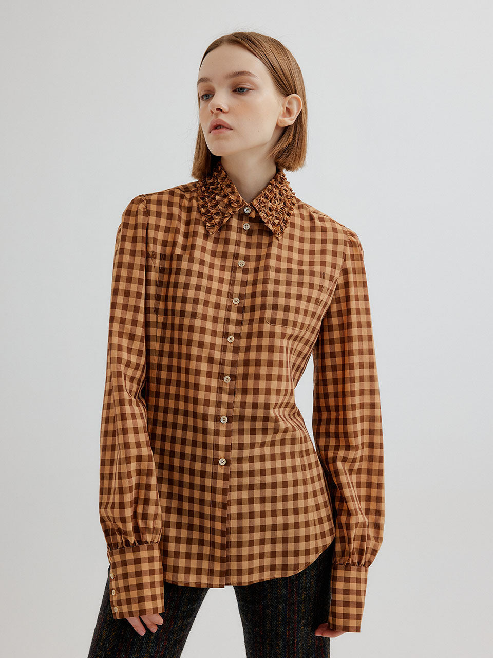 EENK TAPE Check Shirt with smocked collars - Brown Check