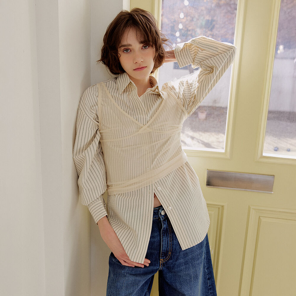 LEFTSEOUL Seersucker overfit striped shirt [green]