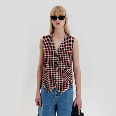Tweed Pocket Vest - Red